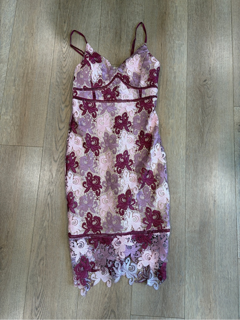 Lulus Floral Lace Midi Dress Pink Burgundy Mauve Cocktail Party Medium - Picture 6 of 10